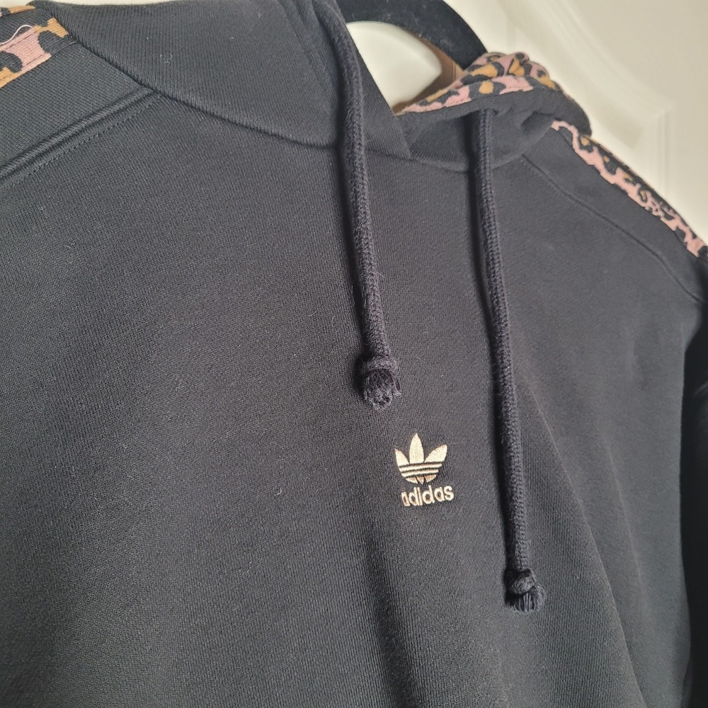 adidas Originals Gold Logo Women's Cropped Hoodie Black Leopard Print Fleece M - Picture 4 of 9